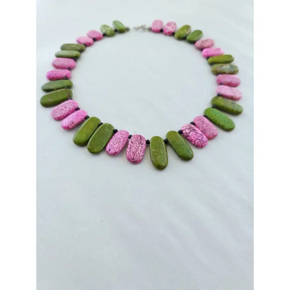 Handmade Gem Stone‎ Beaded Artisan Necklace Howlite Green Pink Green Choker Boho